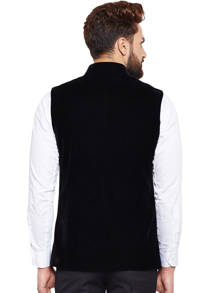 Men Black Solid Velvet Slim Fit Party Wear Nehru Jacket