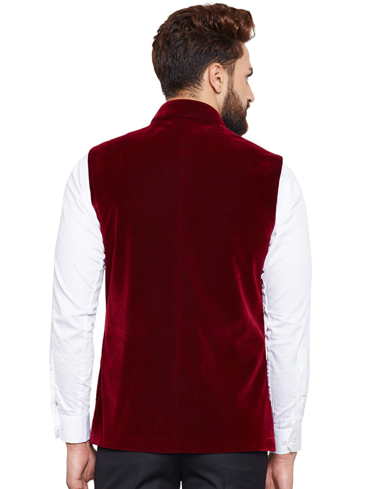 Men Maroon Solid Velvet Slim Fit Party Wear Nehru Jacket