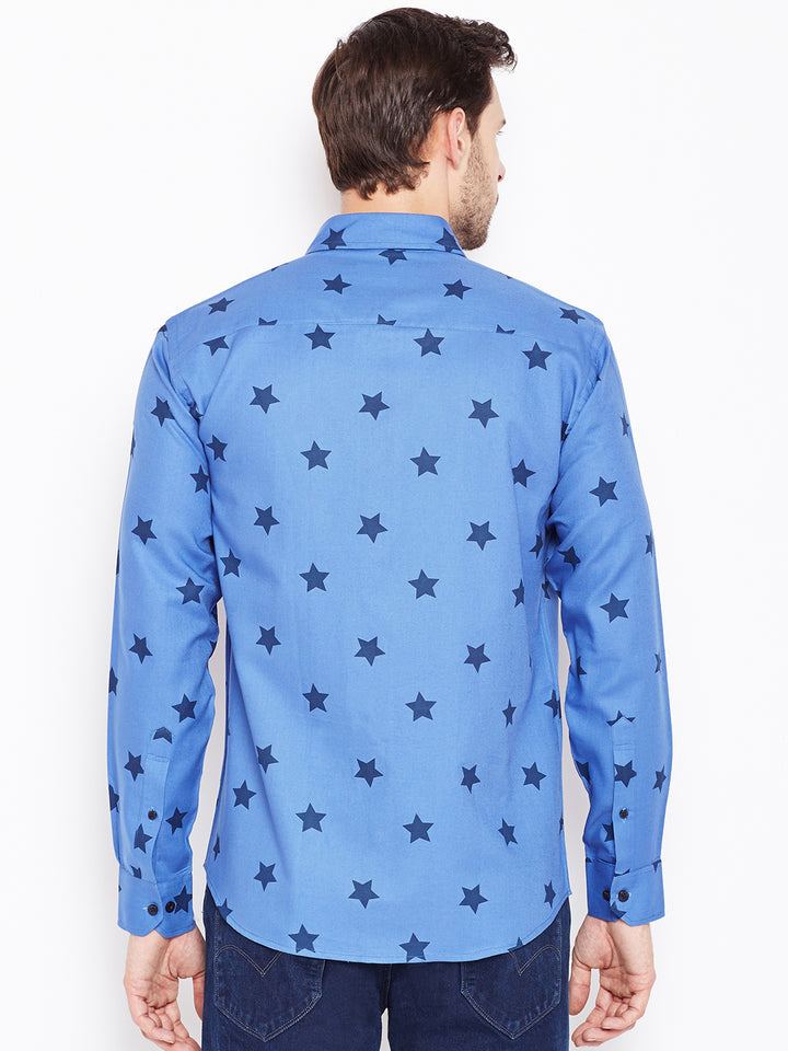 Men Blue Printed Pure Cotton Slim Fit Casual Shirt