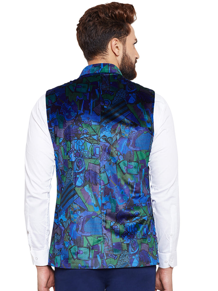 Men Blue Printed Velvet Slim Fit Party Wear Nehru Jacket