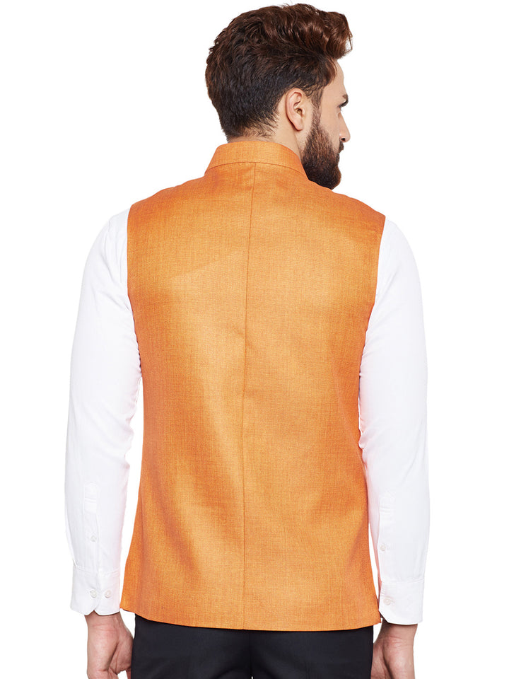Men Orange Solid Slim Fit Formal Nehru Jacket