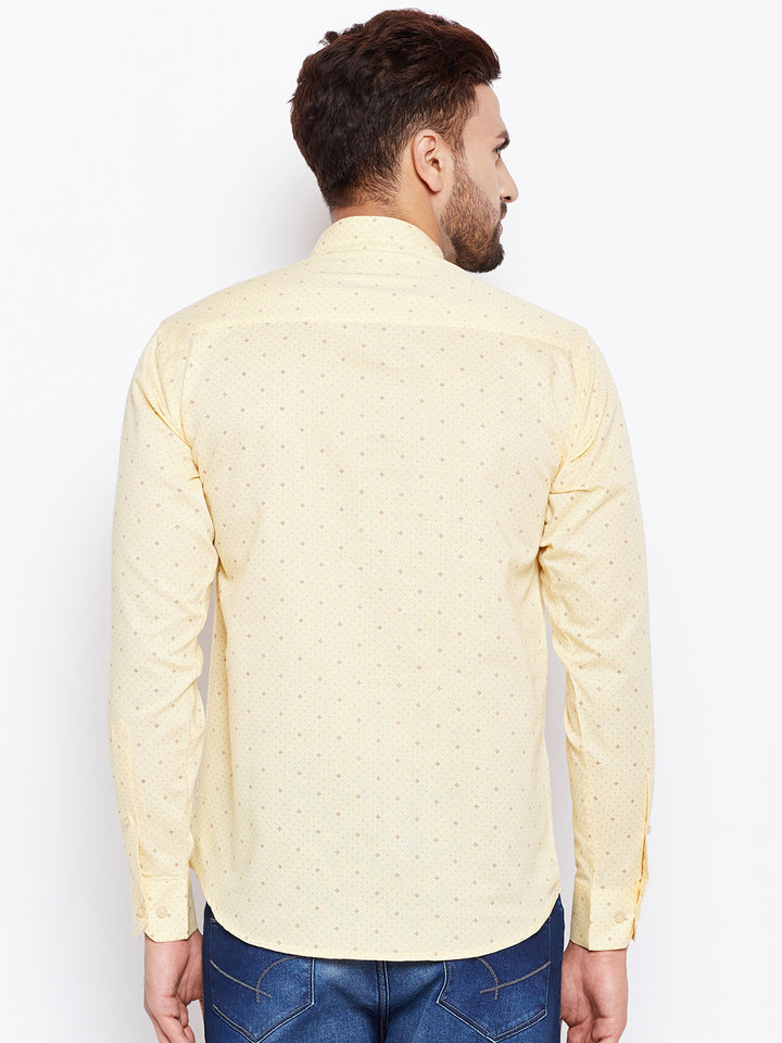 Men Yellow Linen Cotton Printed Slim Fit Kurta Formal Shirt