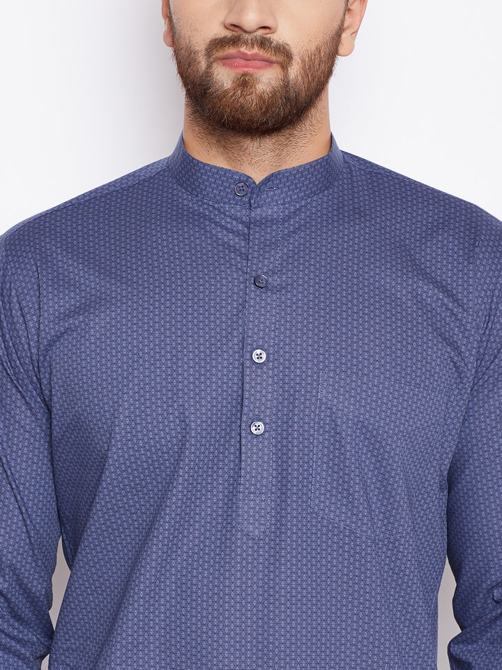 Men Mandarin Collar Printed Grey Half Placket Pure Cotton Henley Formal Shirt