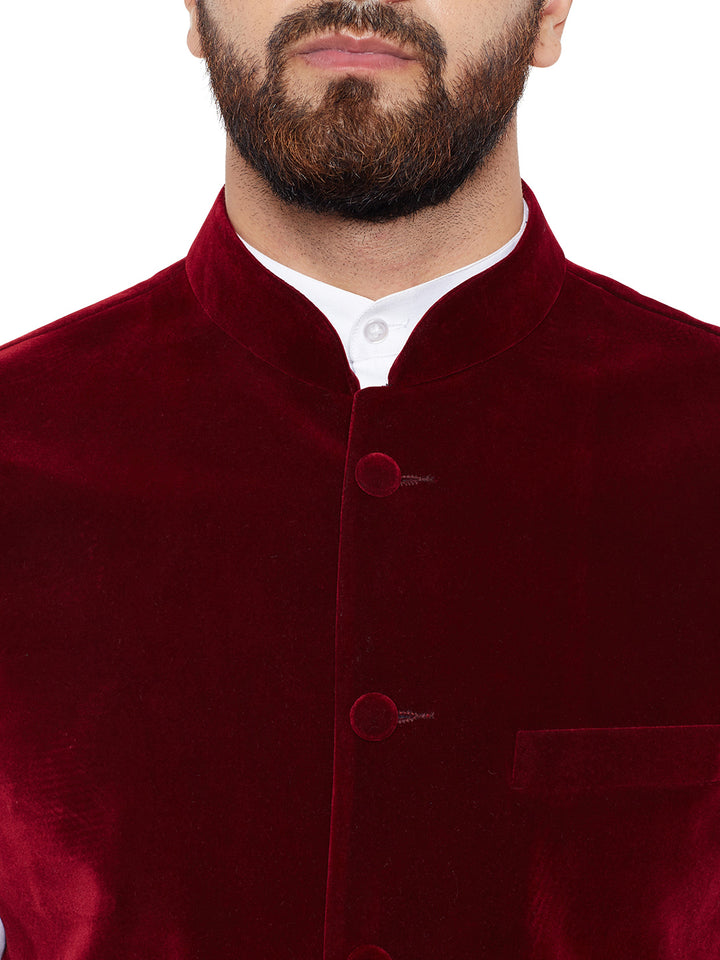 Men Maroon Solid Velvet Slim Fit Party Wear Nehru Jacket