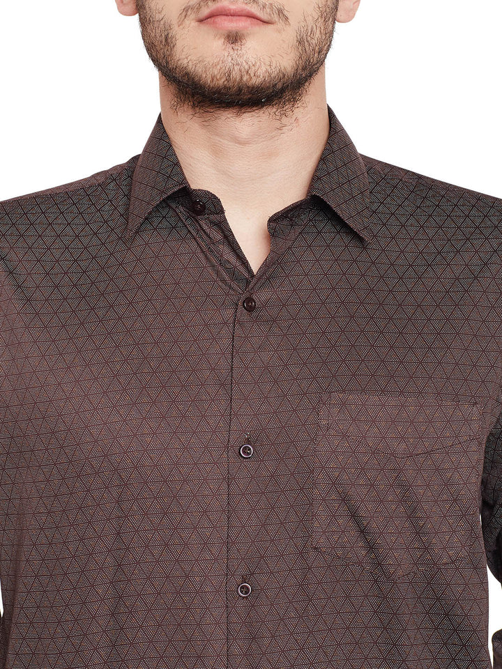 Men Brown Printed Pure Cotton Slim Fit Formal Shirt