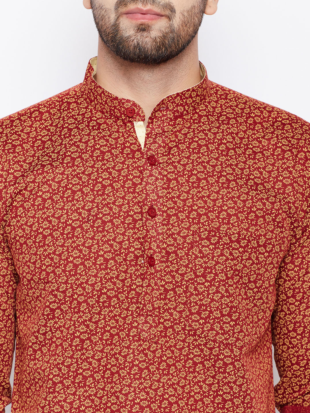 Men Red Linen Cotton Printed Slim Fit Kurta Formal Shirt