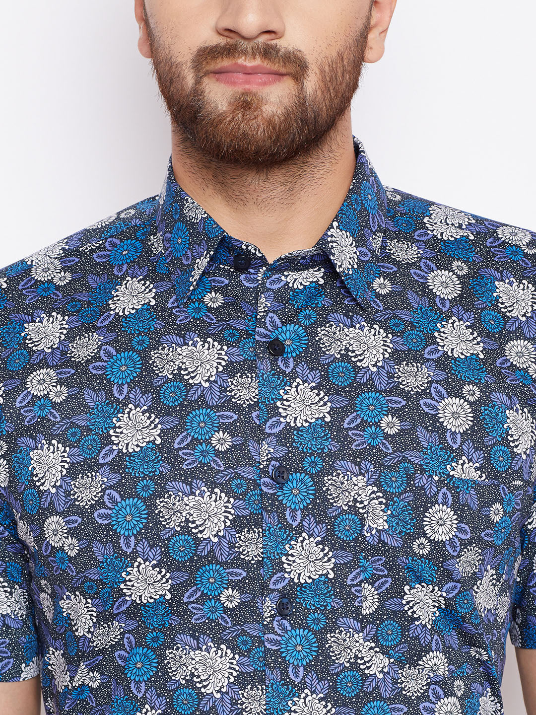 Men Floral Printed Blue Half Sleeve Pure Cotton Slim Fit Formal Shirt