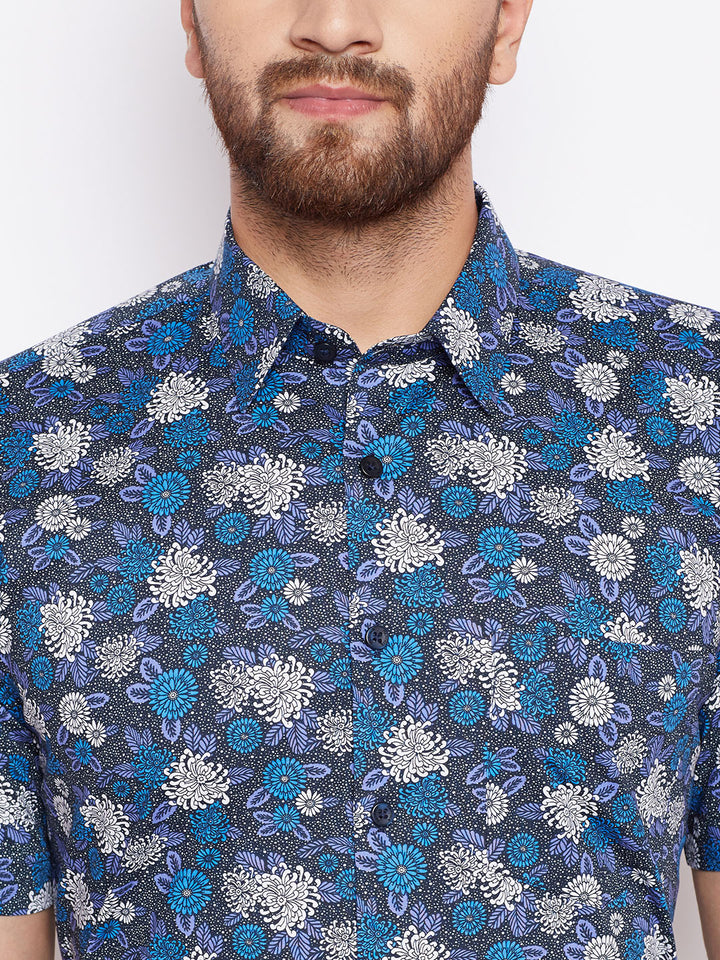 Men Floral Printed Blue Half Sleeve Pure Cotton Slim Fit Formal Shirt