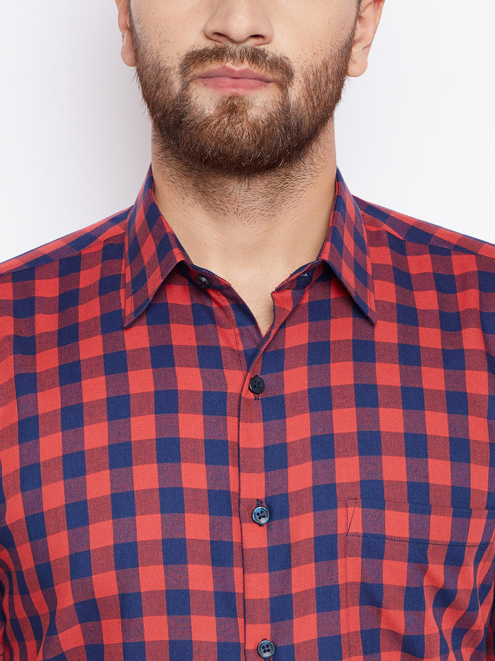 Men Navy & Red Checked Slim Fit Pure Cotton Formal Shirt