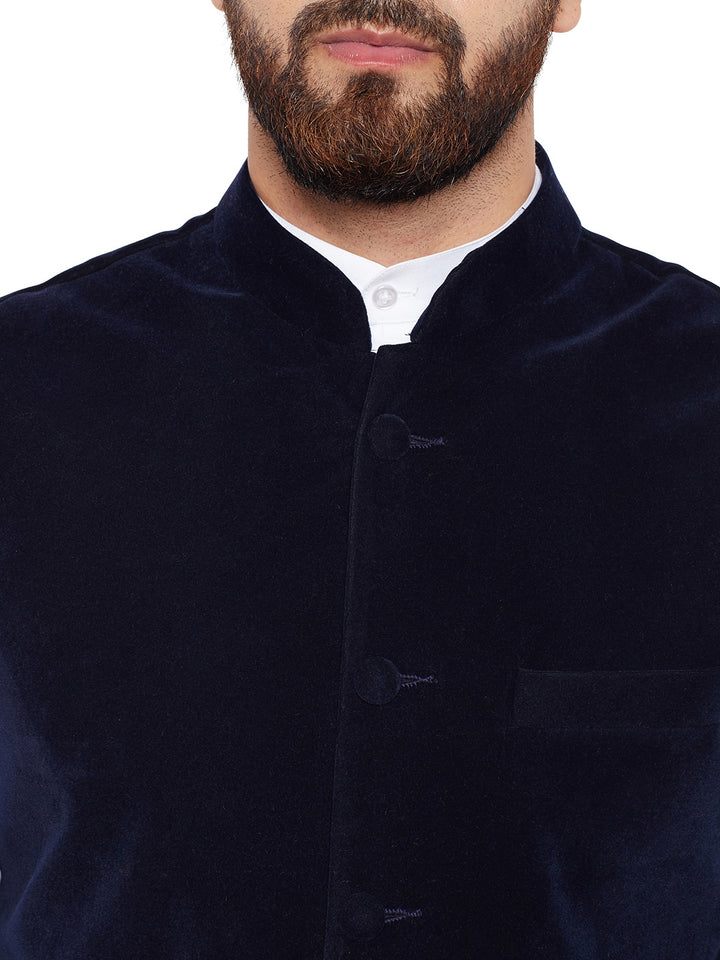 Men Navy Solid Velvet Slim Fit Party Wear Nehru Jacket