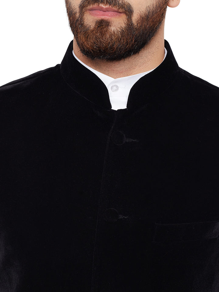 Men Black Solid Velvet Slim Fit Party Wear Nehru Jacket
