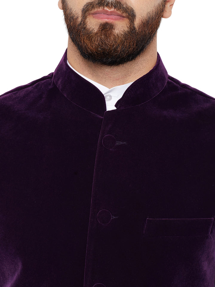 Men Wine Solid Velvet Slim Fit Party Wear Nehru Jacket