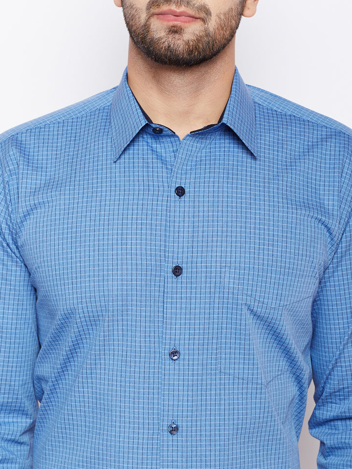 Men Turquoise Blue Checked Slim Fit Pure Cotton Formal Shirt