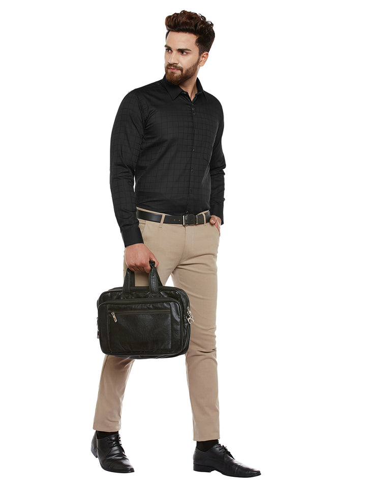 Men Black Self Designed Pure Cotton Slim Fit Casual Shirt
