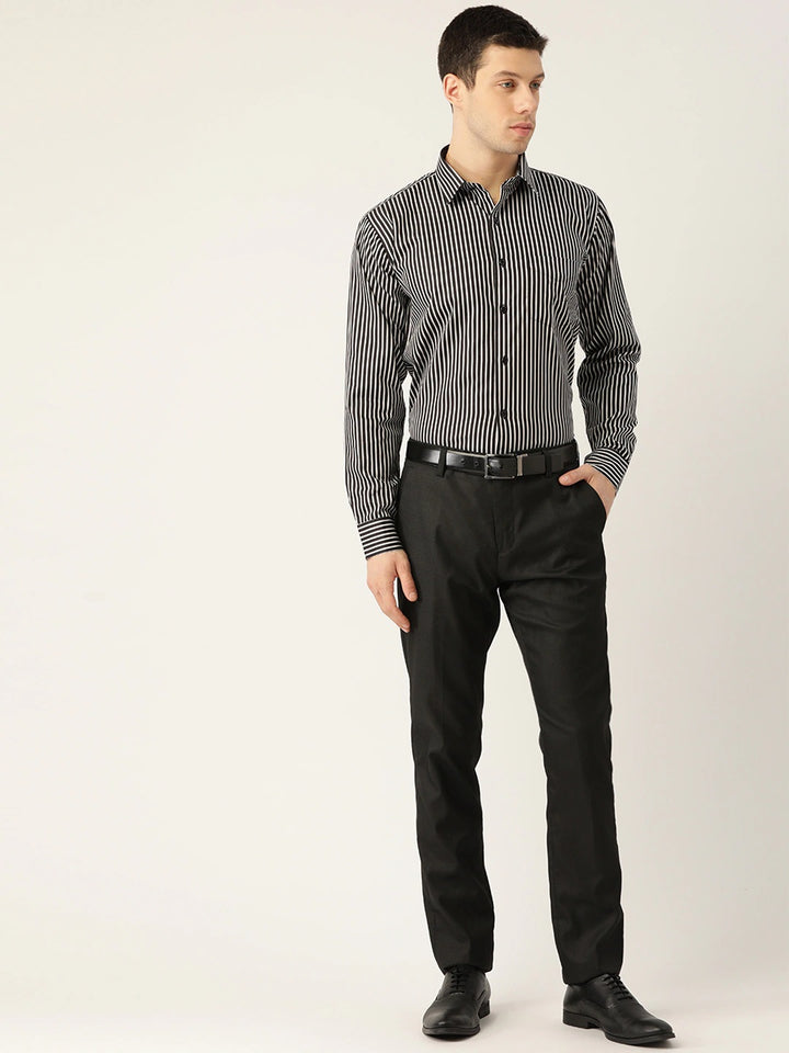 Men Black & Grey Stripes Pure Cotton Slim Fit Formal Shirt