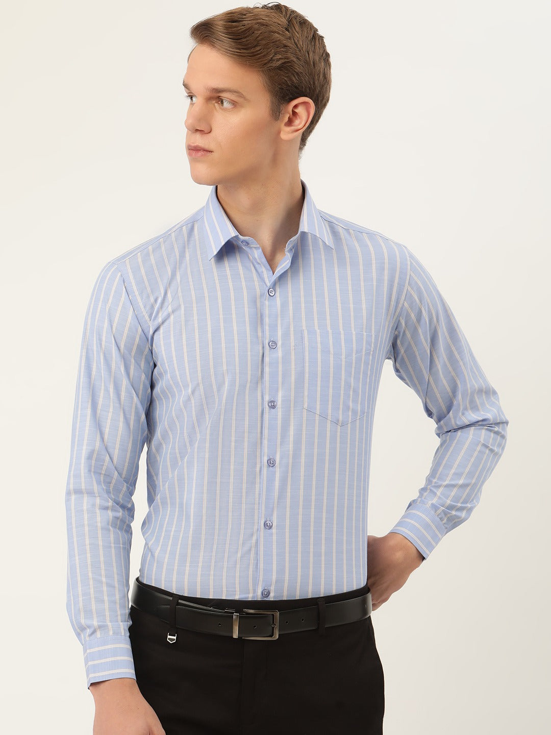Men Blue Stripes Pure Cotton Slim Fit Formal Shirt