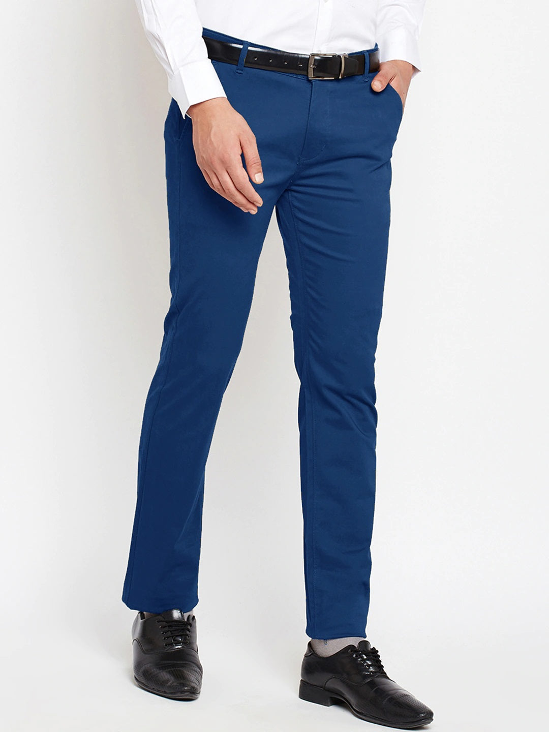 Men Royal Blue Self Design Solid Stretchable Mid Rise Slim Fit Chinos Trouser