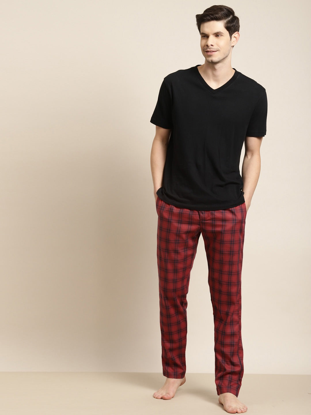 Men Navy-Red Checks Pure Cotton Relaxed Fit Casual Lounge Pant