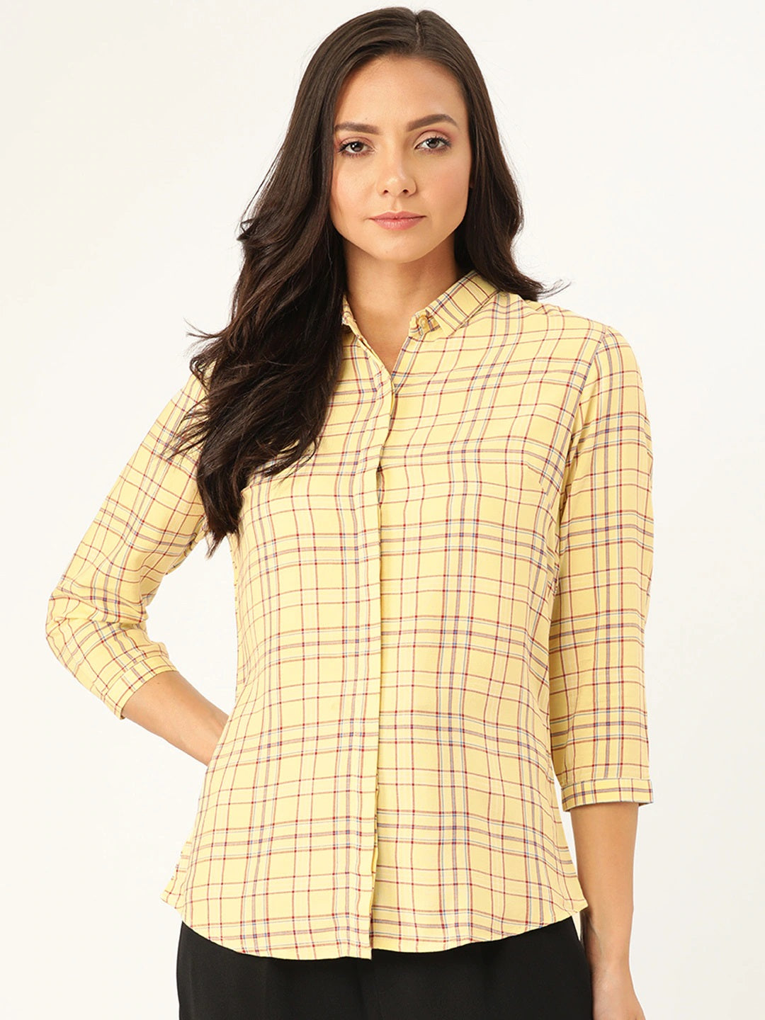 Women Yellow Checks Viscose Rayon Slim Fit Formal Shirt