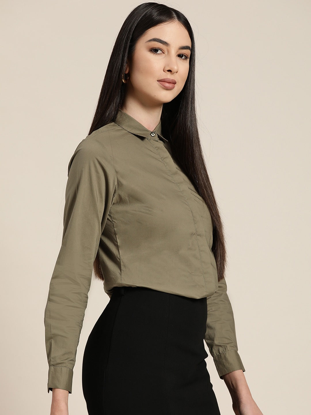 Women New Olive Solids Pure Cotton Slim Fit Formal Shirt
