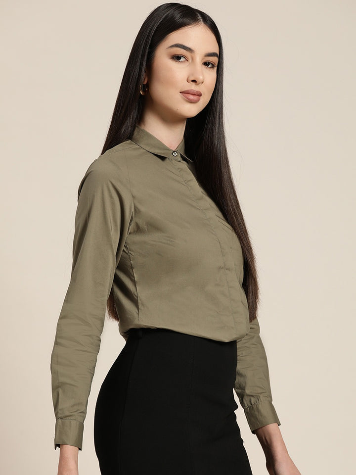 Women New Olive Solids Pure Cotton Slim Fit Formal Shirt