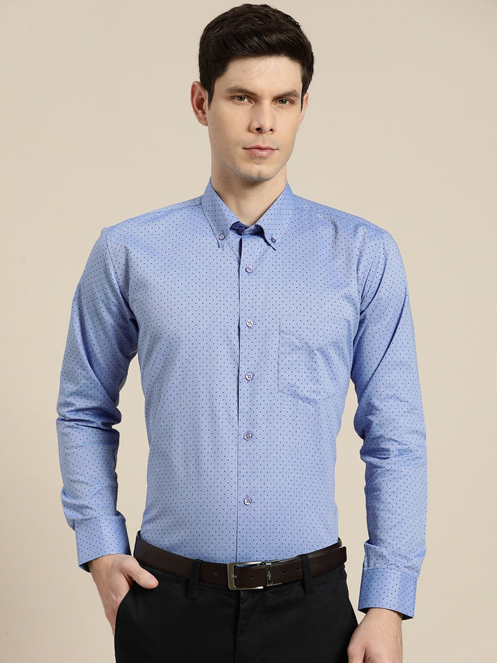 Men Blue Chambray Polka Micro Dot Print Cotton Rich Slim Fit Formal Shirt