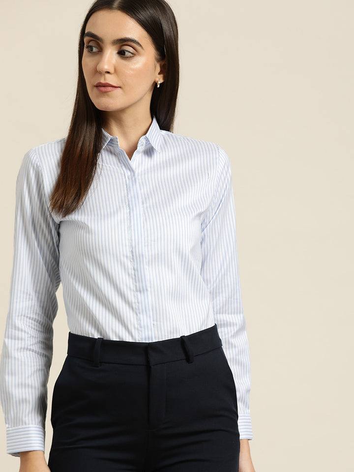 Women White & Blue Striped Cotton Slim Fit Formal Shirt