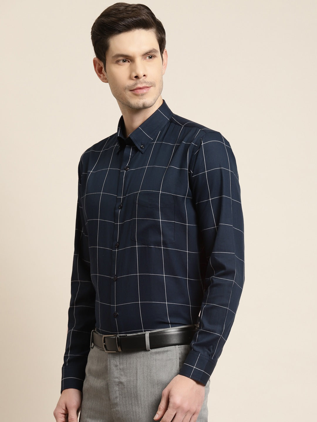 Men Navy Blue Checks Pure Cotton Slim Fit Formal Shirt