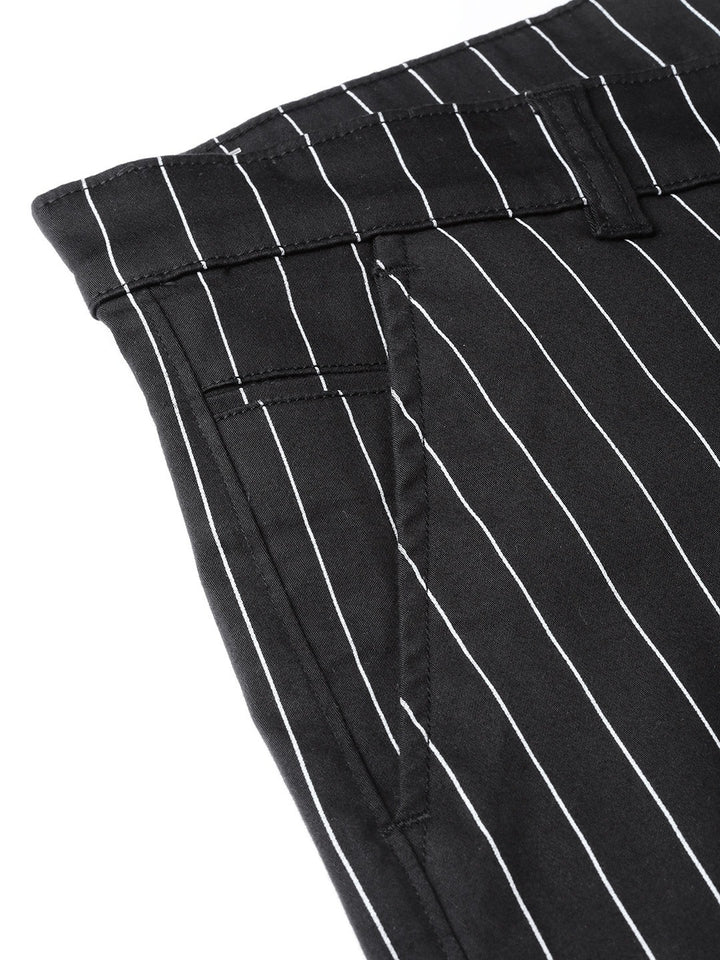 Men Black Striped Cotton Stretch Slim Fit Formal Trouser