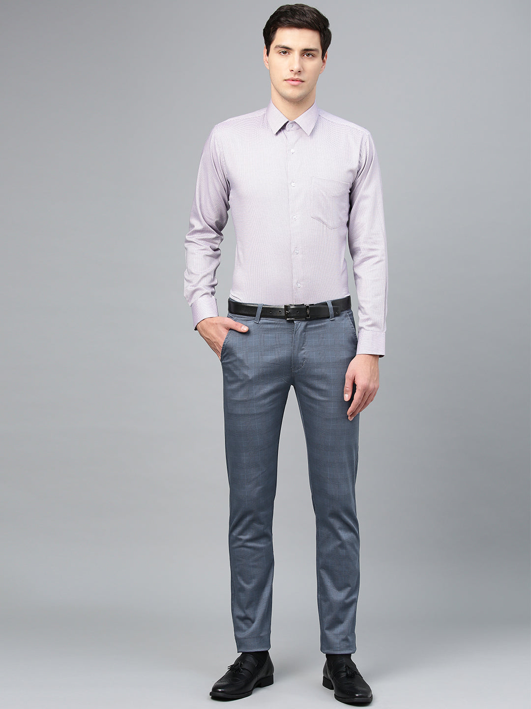 Men Blue Cotton Checked Slim Fit Casual Trouser