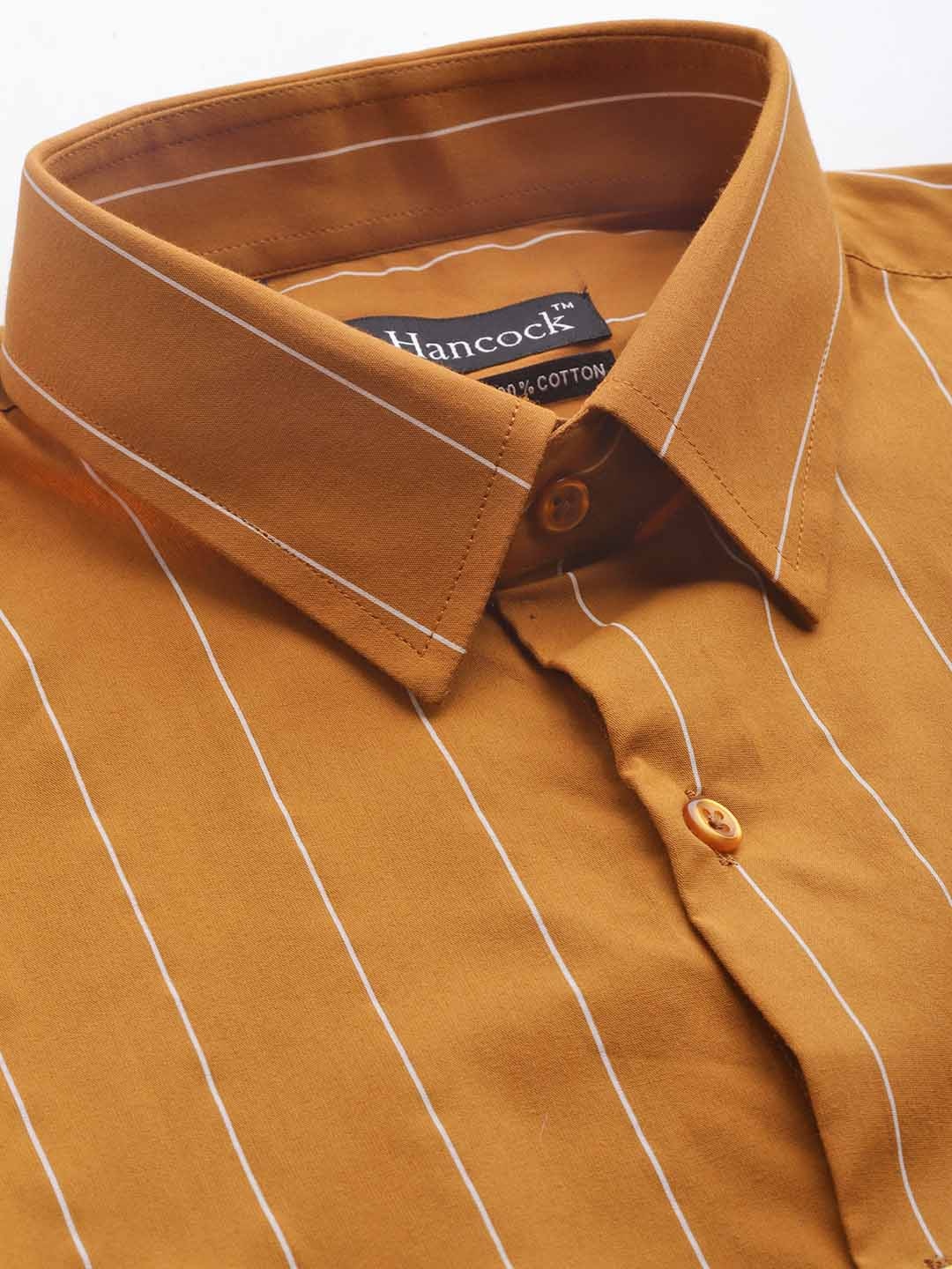 Men Mustard Stripes Pure Cotton Slim Fit Formal Shirt