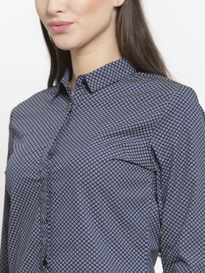 Women Navy Pure Cotton Printed Slim Fit Formal Shirt