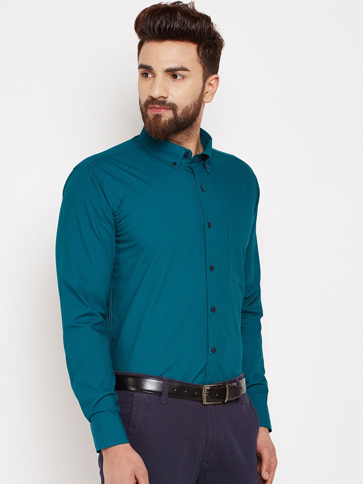 Men Bottle Green Solids Pure Cotton Slim Fit Formal Shirt