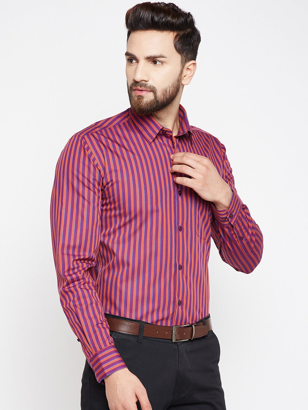 Men Wine Stripes Pure Cotton Slim Fit Formal Shirt