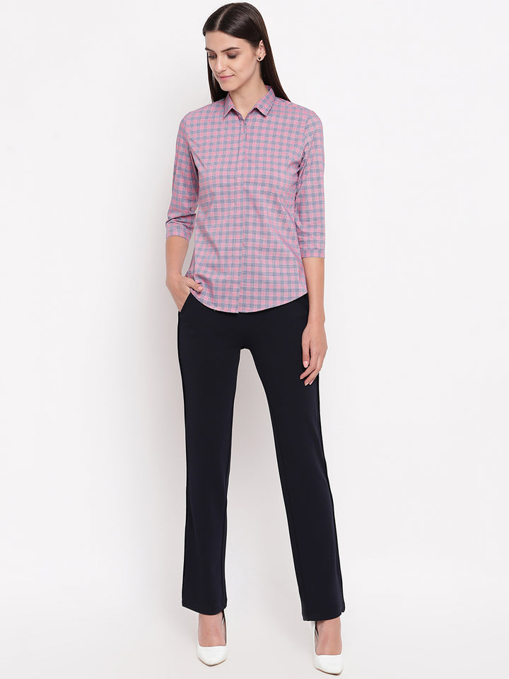 Women Pink & Blue Pure Cotton Checked Slim Fit Formal Shirt