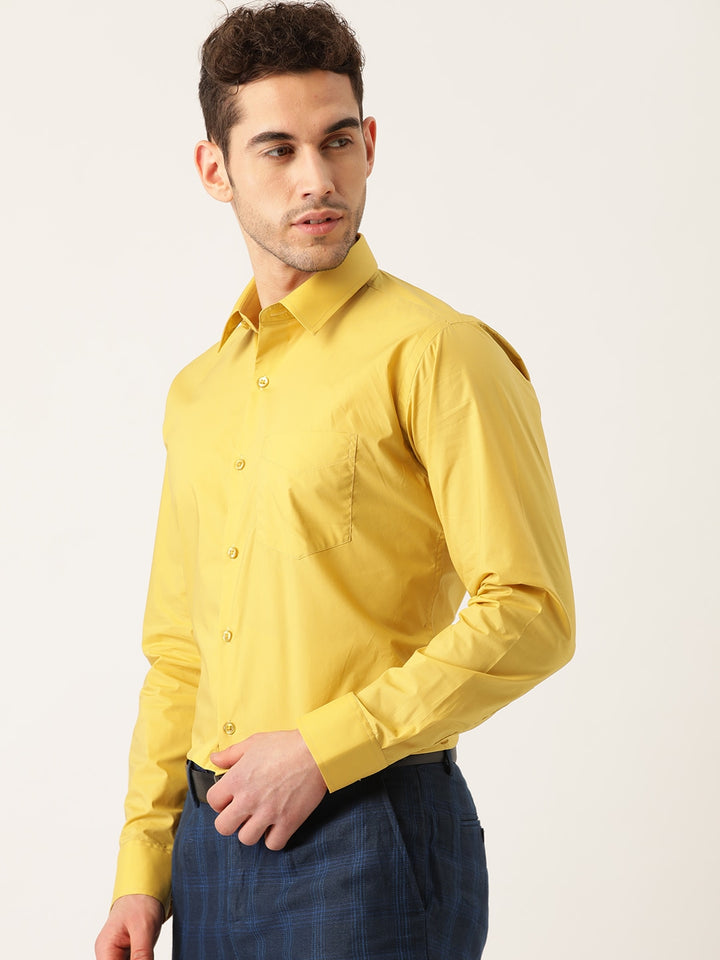Men Mustard Solids Pure Cotton Slim Fit Formal Shirt