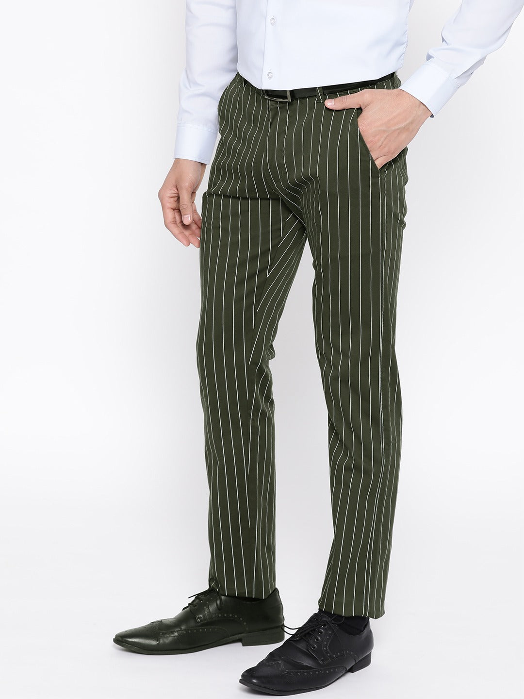 Men Green Striped Cotton Stretch Slim Fit Formal Trouser