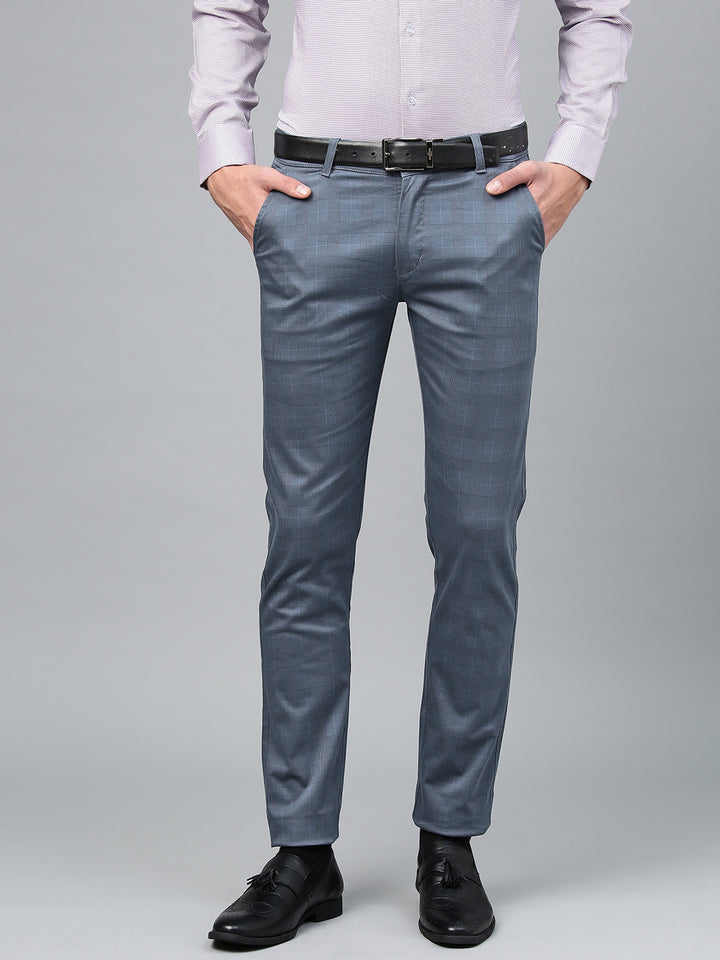 Men Blue Cotton Checked Slim Fit Casual Trouser