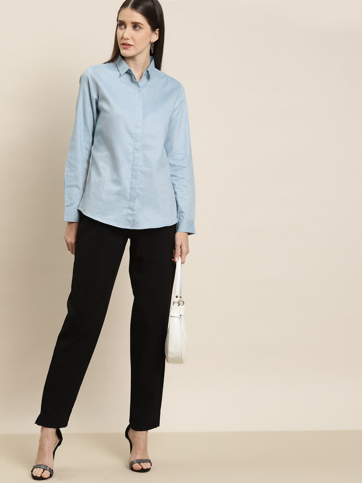 Women Turquoise Blue Solid Chambray Cotton Rich Slim Fit Formal Shirt