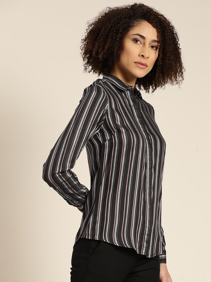 Women Black Stripes Viscose Rayon Slim Fit Formal Shirt