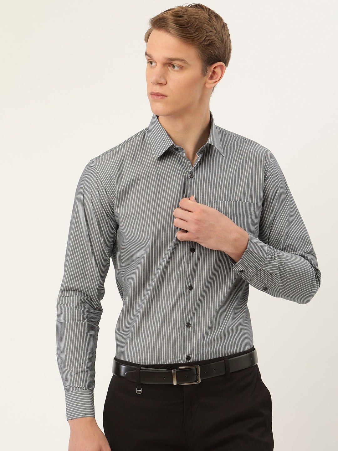 Men Grey Stripes Pure Cotton Slim Fit Formal Shirt