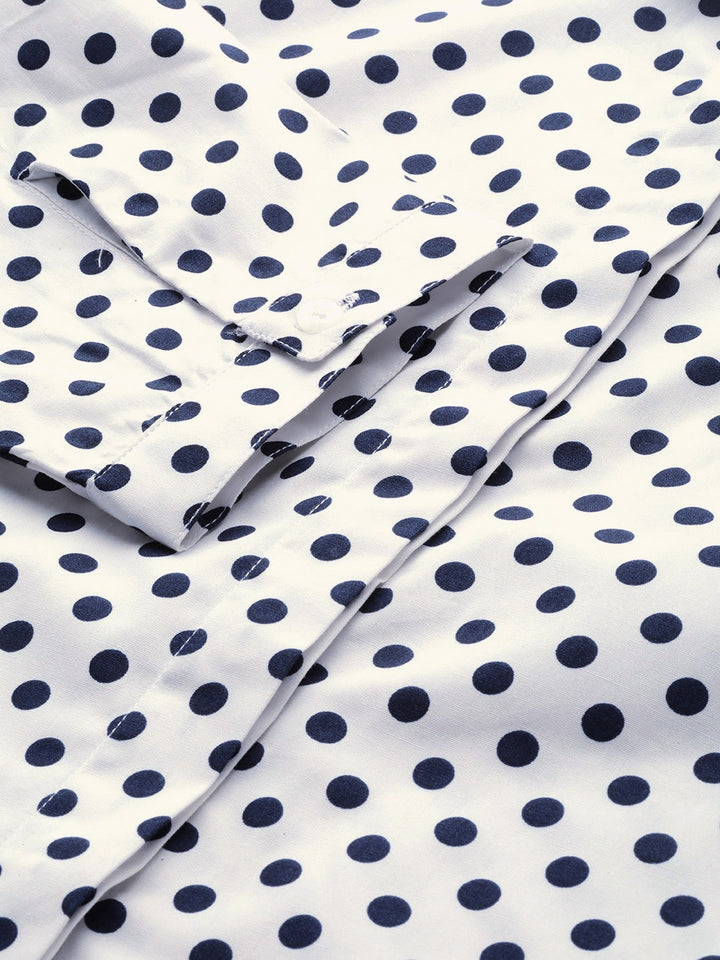 Women White & Navy Prints Pure Cotton Slim Fit Formal Shirt