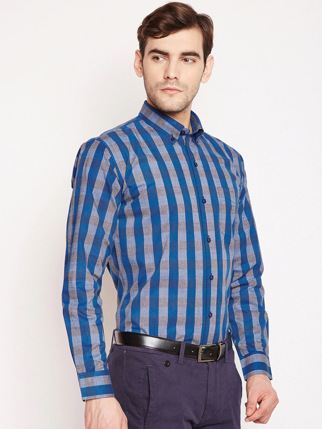 Men blue Checks Pure Cotton Slim Fit Formal Shirt