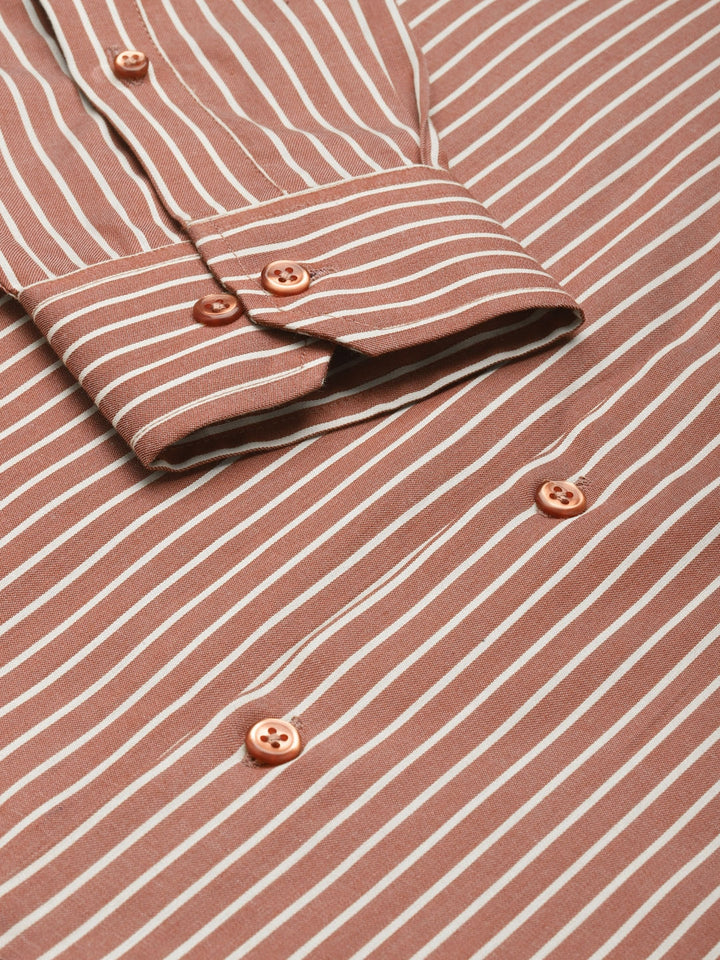 Men Maroon Stripes Button Down Collar Pure Cotton Slim Fit Formal Shirt