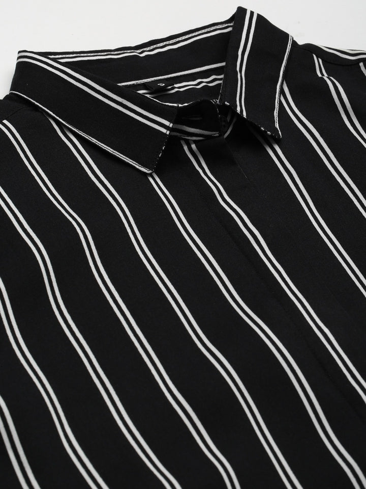Women Black Stripes Viscose Rayon Slim Fit Formal Shirt