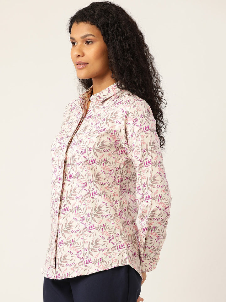 Women Cream & Purple Prints Pure Cotton Slim Fit Formal Shirt