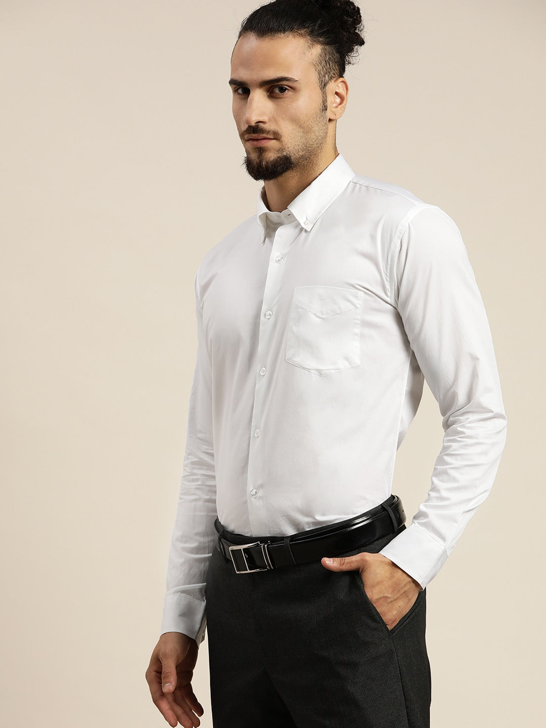 Men White Solid Slim Fit Pure Cotton Formal Shirt