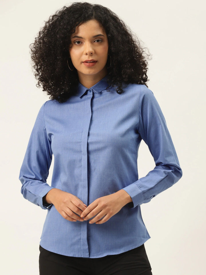 Women Blue Solids Pure Cotton Slim Fit Formal Shirt