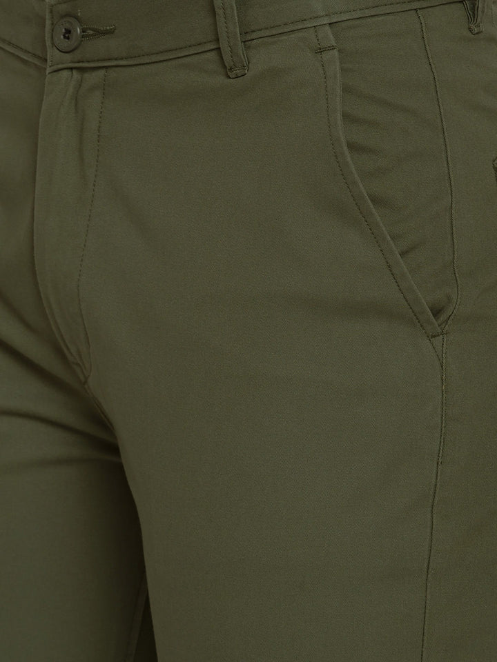 Men Dark Olive Solids Pure Cotton Slim Fit Formal Trouser