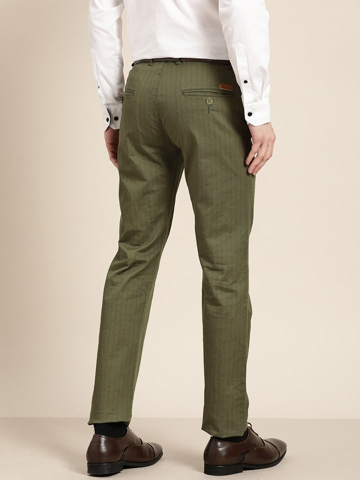 Men Olive Stripes Cotton Elastene Slim Fit Formal Trouser